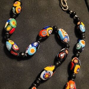 VENETIAN MURANO MORETTI MILLEFIORI GLASS BEAD BEADED NECKLACE
